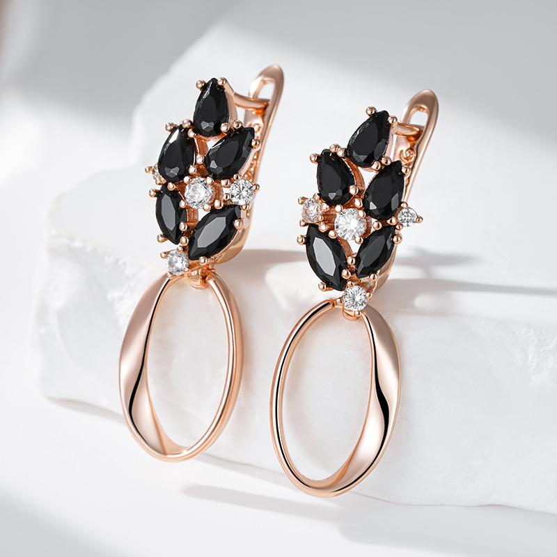 Fashion  Rose Gold Color Glossy Hollow Geometric Drop Earring For Women Shiny Black Natural Zircon Daily Fine Jewelry
