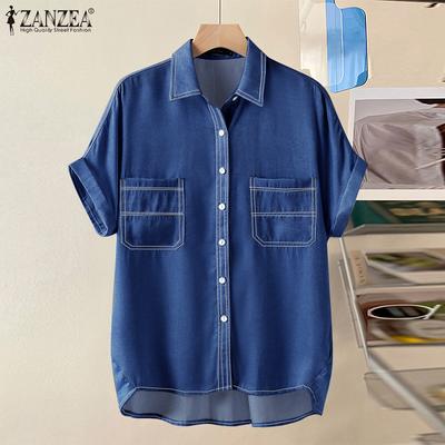 Καλοκαιρινή καθημερινή γυναικεία τζιν μπλούζα με κοντομάνικο γιακά