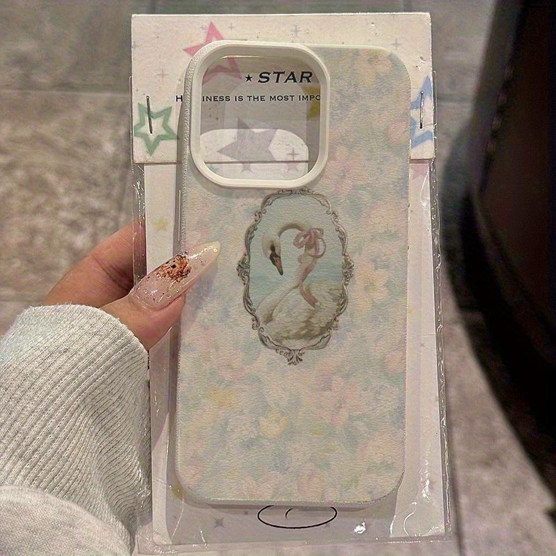 A Phone Case with a Bow and Swan Print In Lychee Texture, Suitable for iPhone 17, 16, 15, Plus, Pro, Max Series Phones — Can Be Used As a Gift