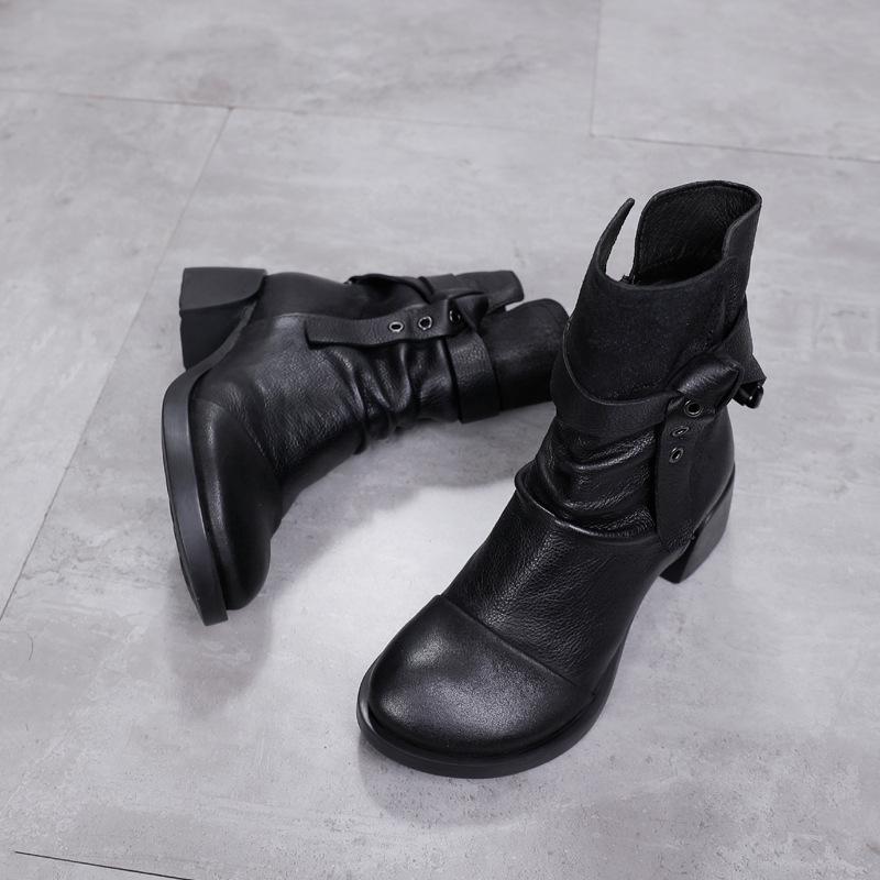Fashion GKTINOO Women Motorcycle Boots Genuine Leather 2025 New Zip Round Toe Women Shoes Sewing Handmade Retro Mid-Calf Platform Boots