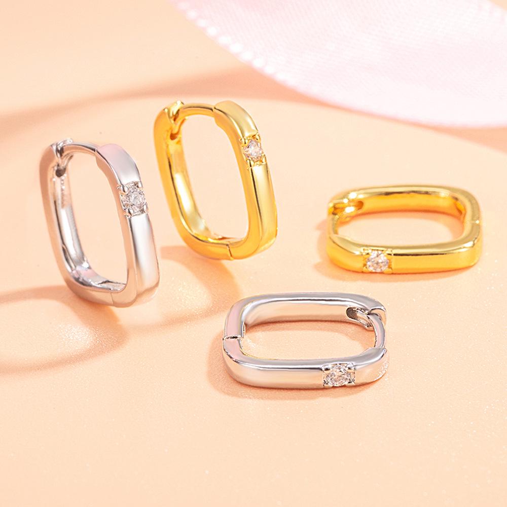 Square Geometric Single Diamond Smooth Hoop Earrings - European and American Niche Design Fashion