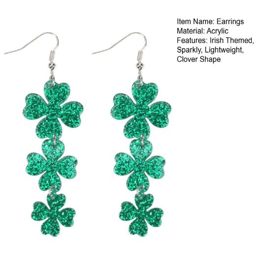 St Patricks Day Earrings Lightweight Acrylic Glitter Shamrock Earrings Sparkly Lucky Clover Dangle Drop Earrings for Women Holiday Party Accessories