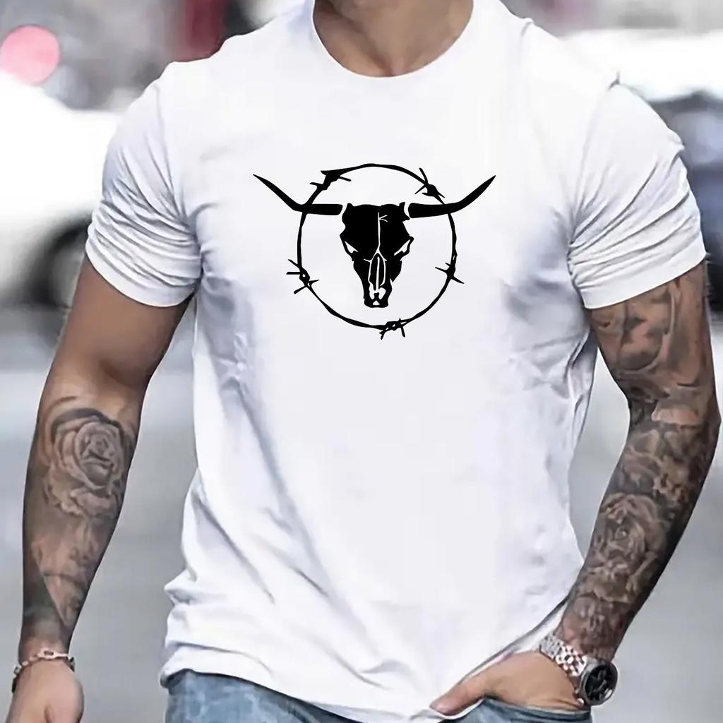 Men's Summer 100 Cotton Fashionable Casual Loose Plus Size Bull Skull Print Sports Round Neck Short Sleeved T-shirt Top