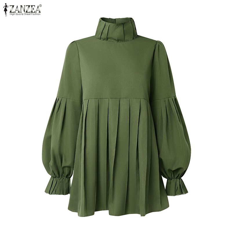 ZANZEA Women Casual Turtleneck Loose Long Sleeve Solid Blouse