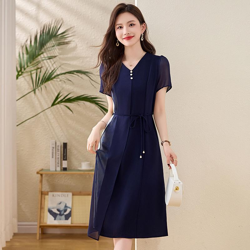 2025 Women's V-Neck Ink Print Color Block Dress with Pendant Belt