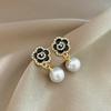S925 Sterling Silver Camellia Pearl Stud Earrings for Women - Versatile Retro Hong Kong Style Fashion Jewelry.
