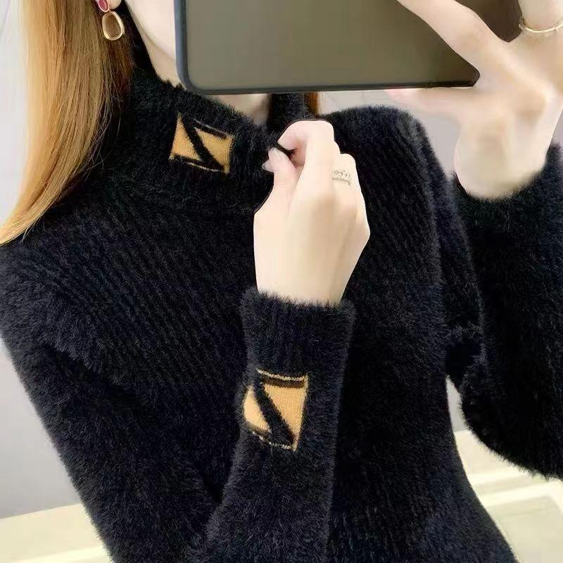 Imitation Mink Velvet Does Western Jacquard Pullover Sweater High Collar Knitted Jumper roupas feminina Ropa De Mujer
