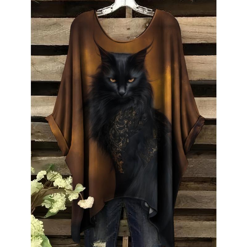 

Plus Size Women s Casual Dolman Sleeve T-Shirt - Dark Night Cat Shadow Print, Loose Round Neck, Machine Washable Comfort Top for All Seasons 1XL