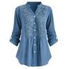 Spring Summer Women Shirt Mid Length V Neck Button-down Blouse with Cufflink Floral Embroidery Long Sleeve Lace Top for Dating
