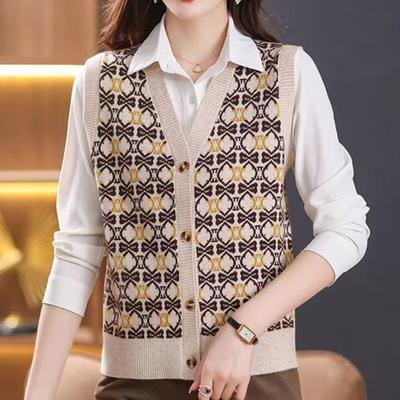 Herbst Winter Damen Pullover Weste Mantel Temperament Mode V-Ausschnitt Knopf Druck Vintage Gestrickt Locker Strickjacke Ärmellose Oberteile