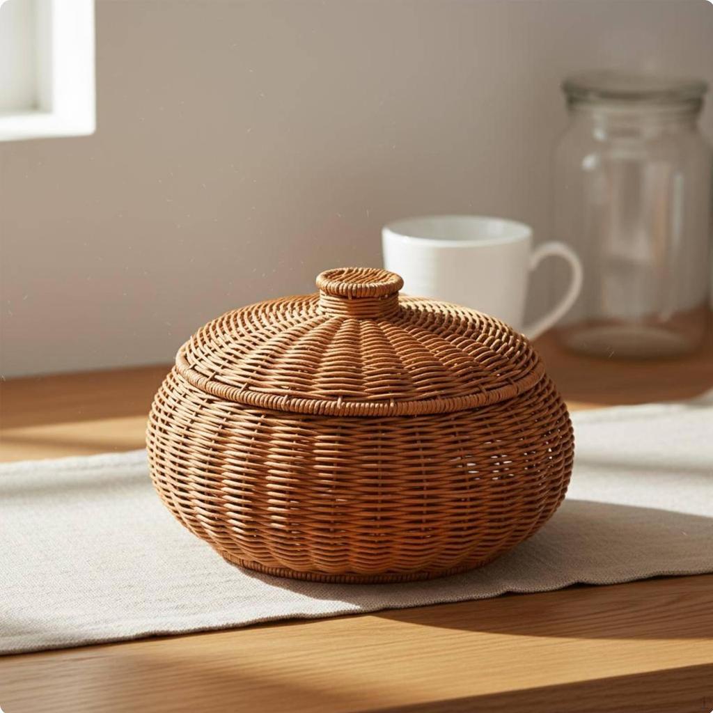 Round Woven Basket with Lid Versatile Imitation Rattan Storage Bin Lidded Decorative for