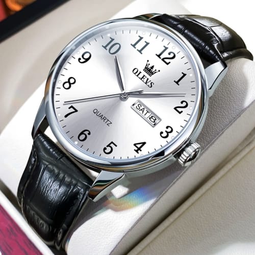 OLEVS Men's Watch, Simple and Stylish, Waterproof, Analog, Black Leather Strap, Business Watch, Easy To Read, Date Display, Quartz Movement, Perfect G