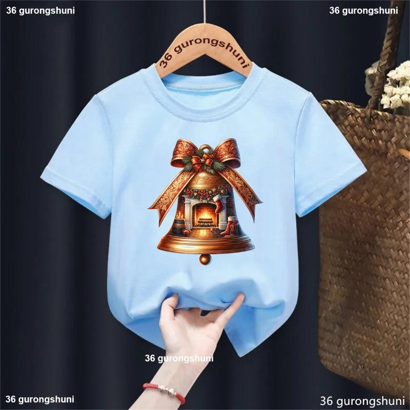 Xmas Gift Kids Clothes Christmas Bell Santa Claus Rides Reindeer Printed T Shirt For Girls/Boys Funny Solid T-Shirt Tops