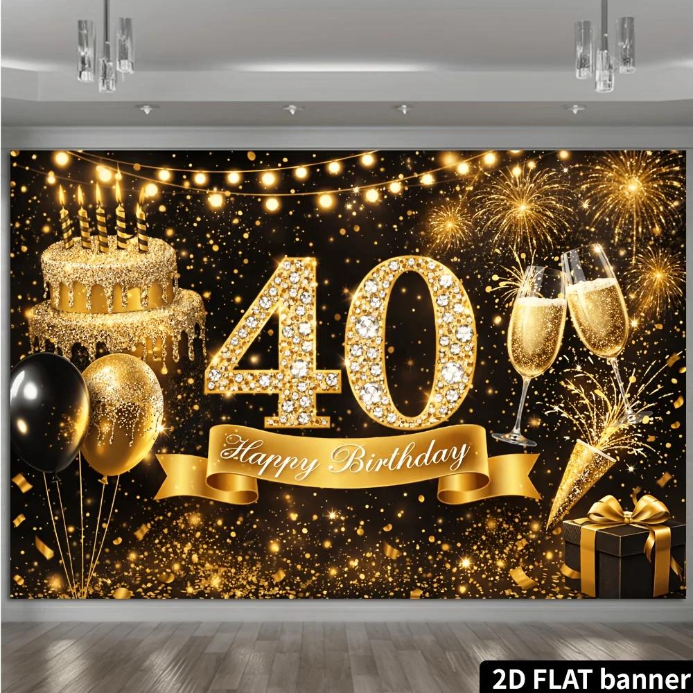2D-Ebene 40. Geburtstag Party Banner Hintergrund - Schwarz-Gold-Thema 40. Geburtstag, mit strassbesetzter Zahl 40 und yzb