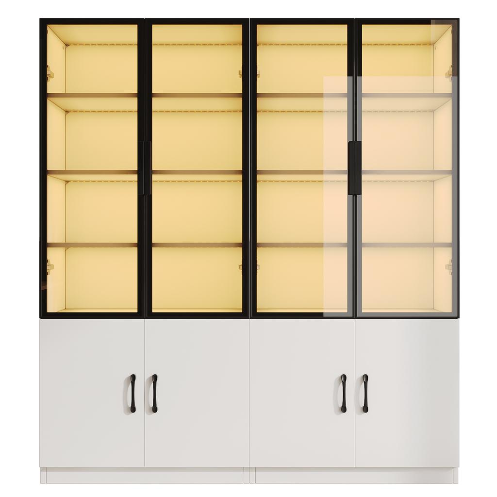 120*40*160 cm Combination Display Cabinet with LED Lighting – Made of Smoked Glass with Aluminum Frame and Two Doors in the Lower Section, Sideboard