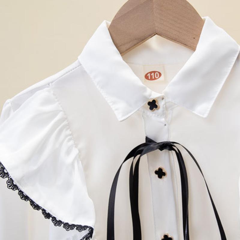 Dívčí košile s dlouhým rukávem Jaro Podzim Šifonové Bílé Tričko Knoflíkový Kardigan Klopový T-shirt pro Studentskou Uniformu Topy