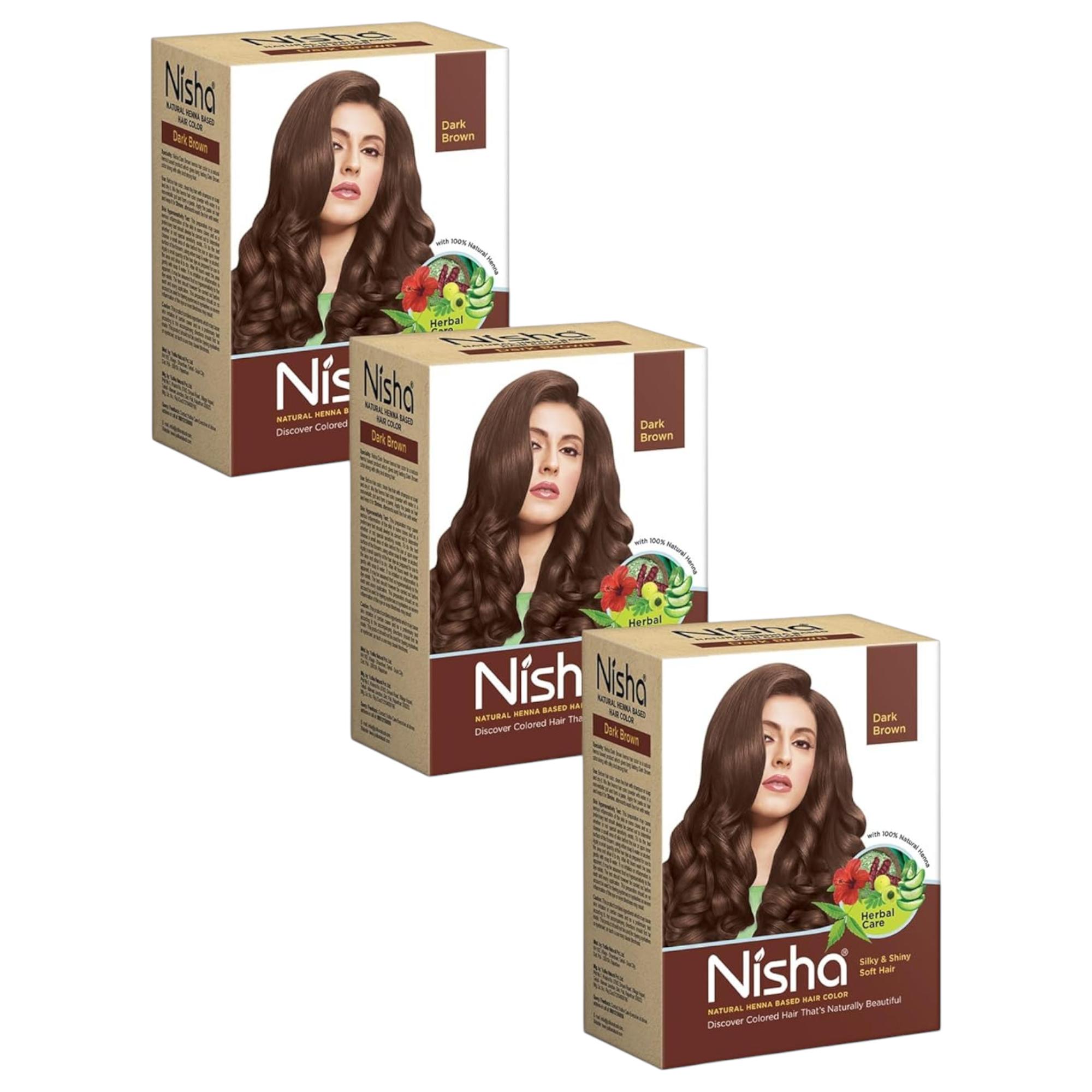 

Nisha Natural Henna Powder Hair Colour Dark Brown Semi-Permanent Herbal Dye For Silky Shiny Hair Men Women 60 g Pack Of 3