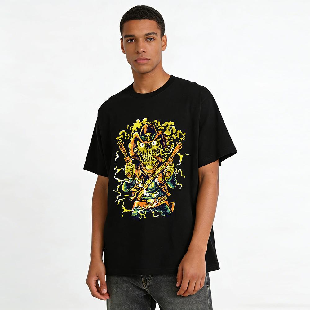 Vintage Skull Cowboy Double Gun Print T-Shirt Street Style Hip Hop Top Pure cotton T-shirt