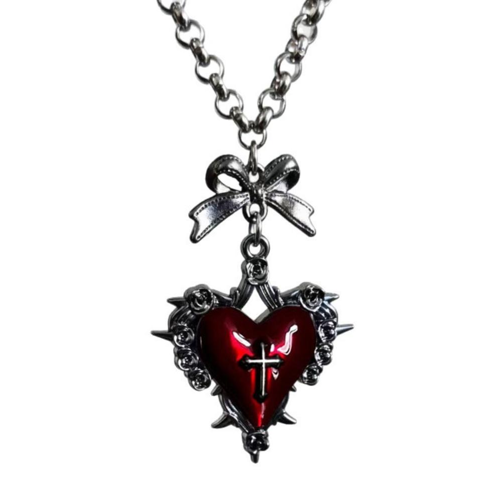 Geometric Thorn Cross Heart Pendant Necklace for Women Retro Sweet Bowknot Clavicle Chain Gothic Punk Jewelry Gift