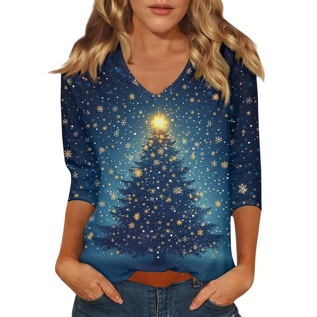 Women's Casual Fashionable Sexy Comfortable V-Neck Christmas Three-Quarter Sleeve Top