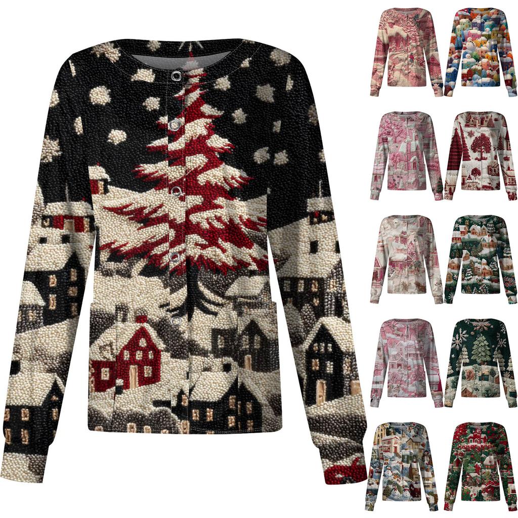 Women's Casual Long-Sleeved Single-Breasted Christmas-Themed Print  Cardigan