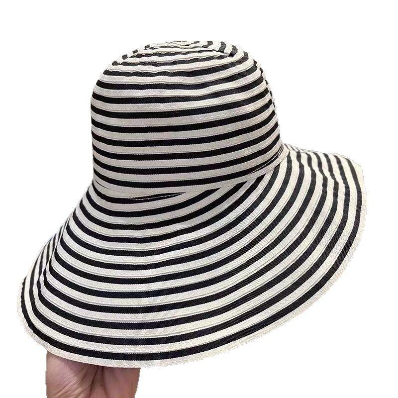 French retro striped sun hat women's summer big edge seaside travel UV protection folding sun hat basin hat