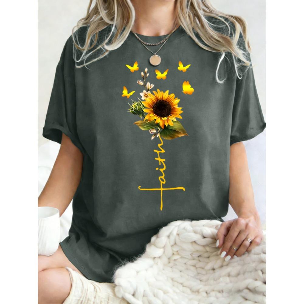 

Beautiful Faith Sunflower Pattern Womens T-Shirt Summer Casual T Shirts Crewneck Clothes Breathable Loose S
