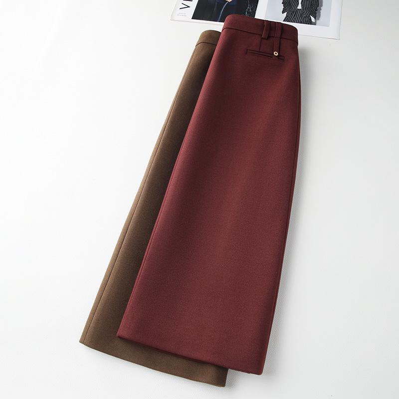 2024 Damen Angora Rot Tweed Midi Rock - Herbst/Winter Gerader Bleistiftrock mit Schlitz hinten