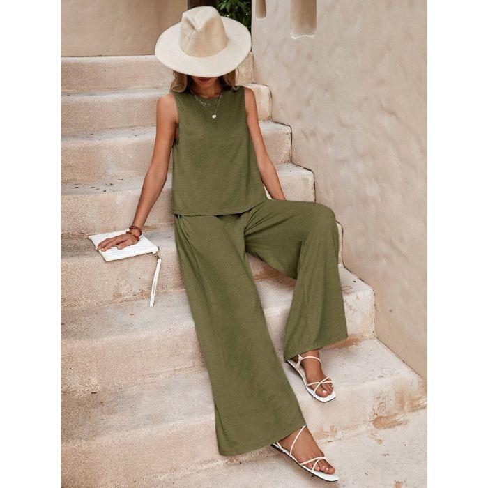 South East Asia Spring and Summer Large Size Loose Temperament Casual Foreign Style Hemp Sleeveless Solid Color Fashion Sports Suit