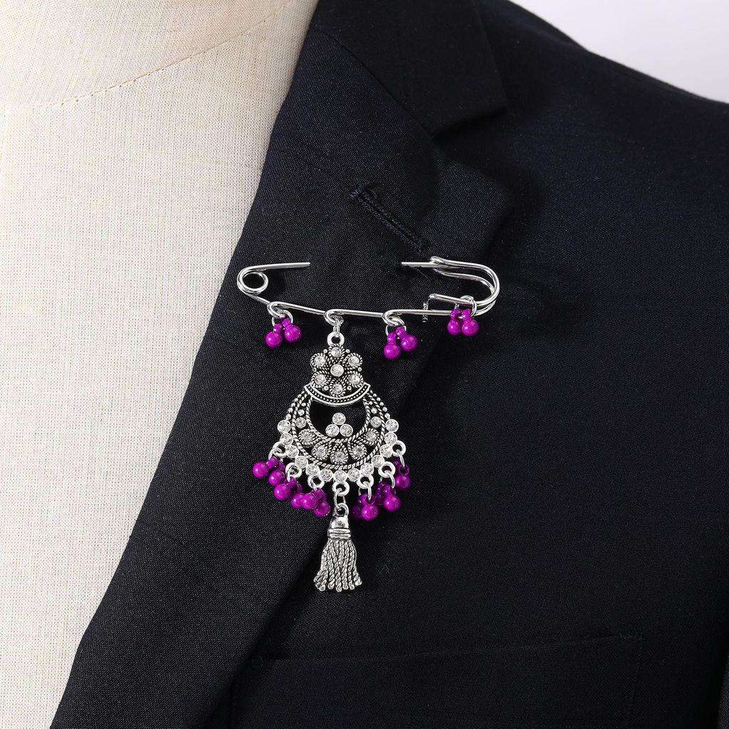 Bohemian Rhinestone Flower Tassel Brooch for Women - Exotic Style Suit Coat Pin