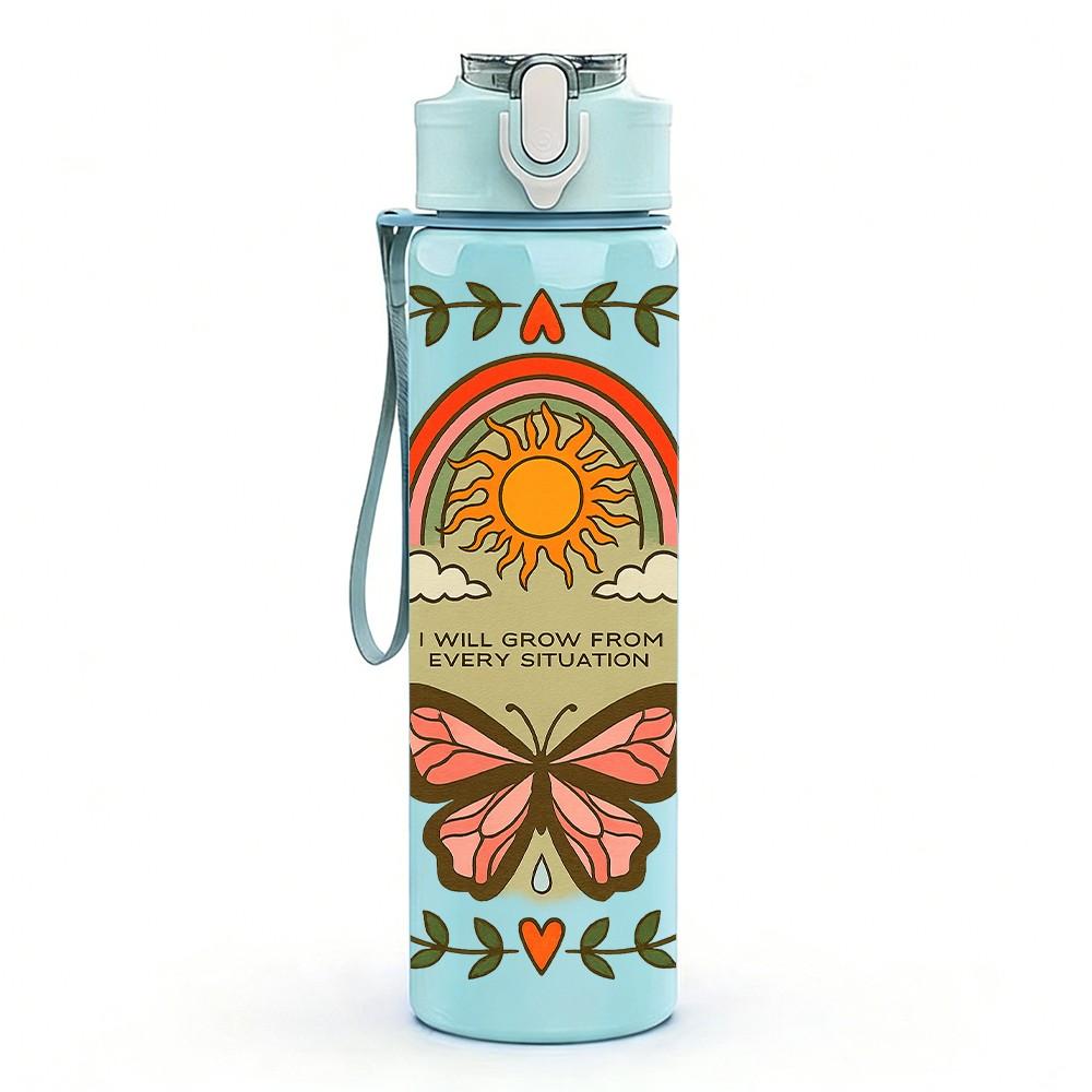 1PC Sun Butterfly Boho Retro Print 750ml Color Plastic Sports Water Bottle Leakproof Flip Straw Lid Suitable for Sports Office Home Use