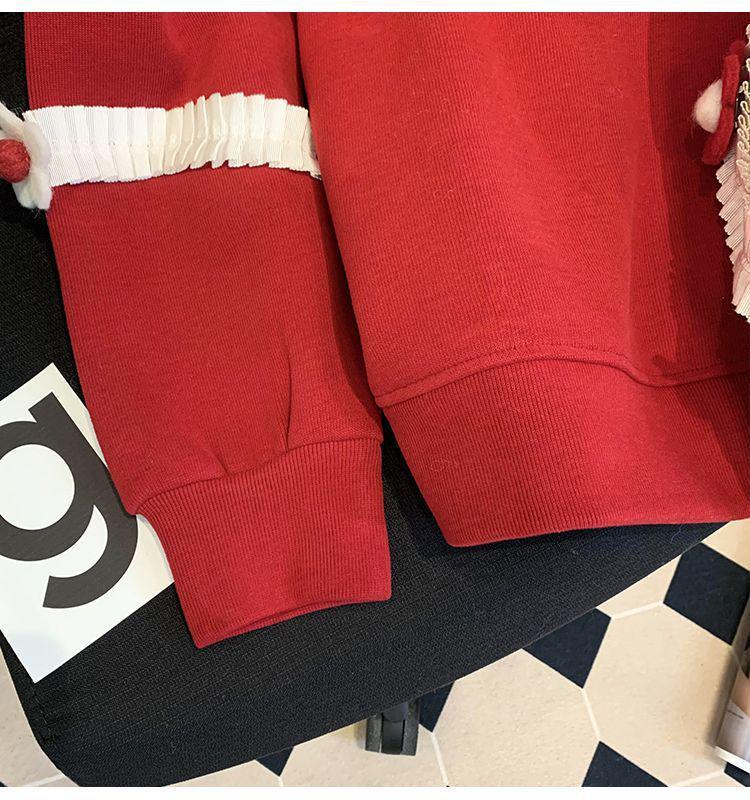 Plus Size Women's Red Fleece Lined Color Block Sweatshirt - Autumn/Winter Thick Long Sleeve Top, 300 Jin Design