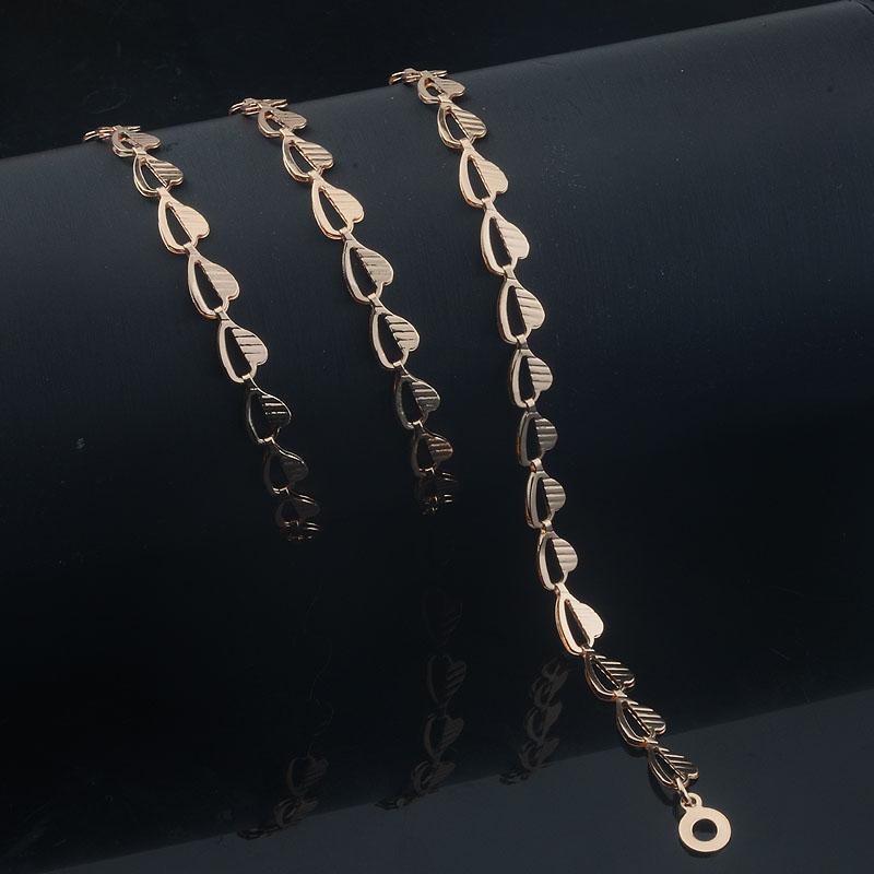 14K Rose Gold 585 Women Half Carved Heart Necklace And Link Bracelet Set 6mm Fine Jewelry Gift