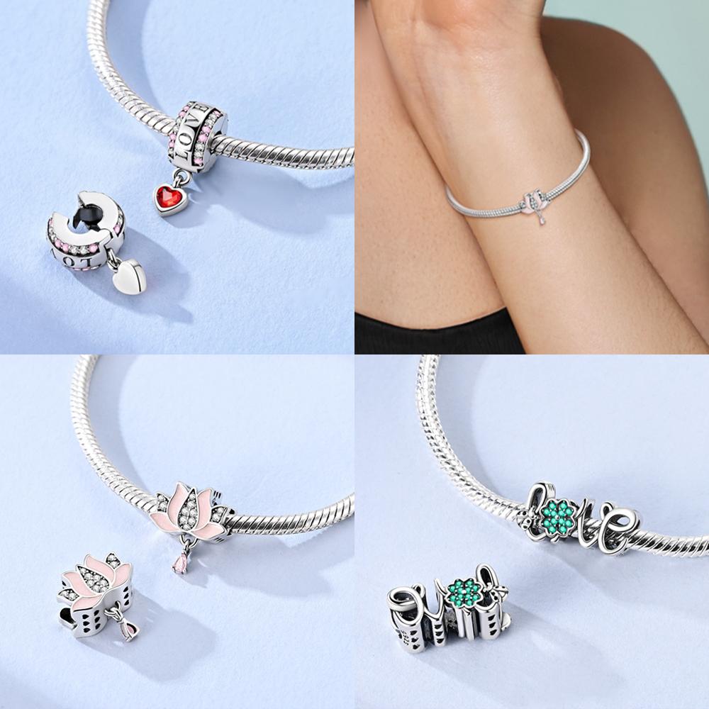 Four-Leaf Clover Heart Envelope Pendants Pink Lotus Flower Genuine Copper Beads Fits Bracelets Women Accessory Gifts Jewellery Do-It-Yourself