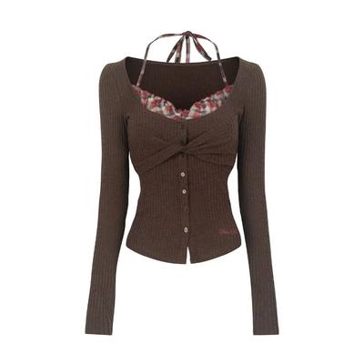 Women's Teal Ribbed Knit Halter Neck Long-Sleeve Blouse Twist Front Button Decor Top