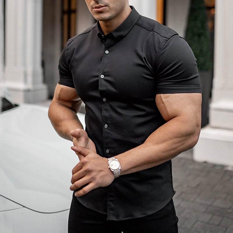 Men's Slim Fit Solid Color Short Sleeve Cardigan Shirt - Casual European and American Teen Style