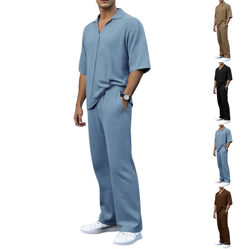 

Men s Light Blue Knit Casual Polo Shirt & Wide Leg Pants Lounge Set S