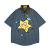 American Retro Star Cat Embroidered Striped Short-sleeved Shirt Summer Loose Casual Men's and Women's Couples Shirt