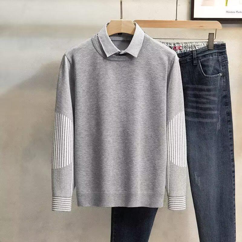 Men's Stylish Knit Sweater: Spring & Autumn, Fake Two-Piece, Casual Japanese Trend