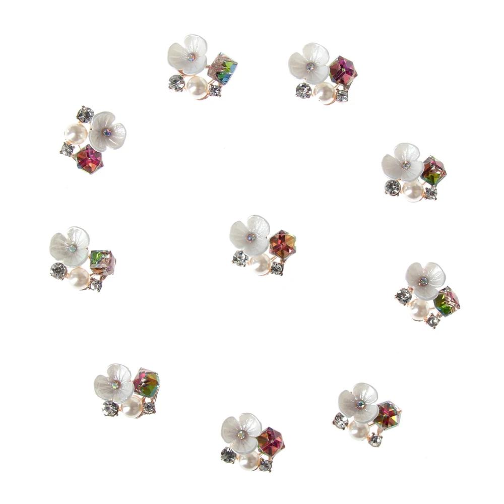 10pcs Flower Rhinestones Buttons Pearl Button Diamante Crystal Bow Wedding Bride Holding Scrapbooking Accessories Apparel Sewing