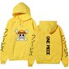 One Piece Straw Hat Jolly Roger Hoodie, Japanese Letter Sleeve Print Pullover Sweatshirt Unisex Casual Streetwear