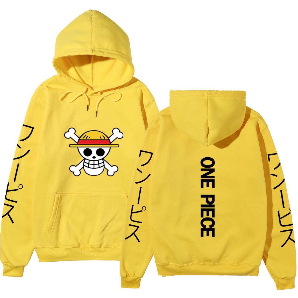 One Piece Straw Hat Jolly Roger Hoodie, Japanese Letter Sleeve Print Pullover Sweatshirt Unisex Casual Streetwear