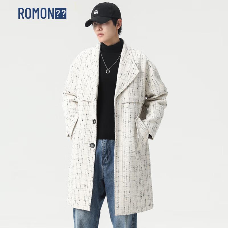 

ROMON Men s Plaid Business Casual Mid-Length Trench Coat XL