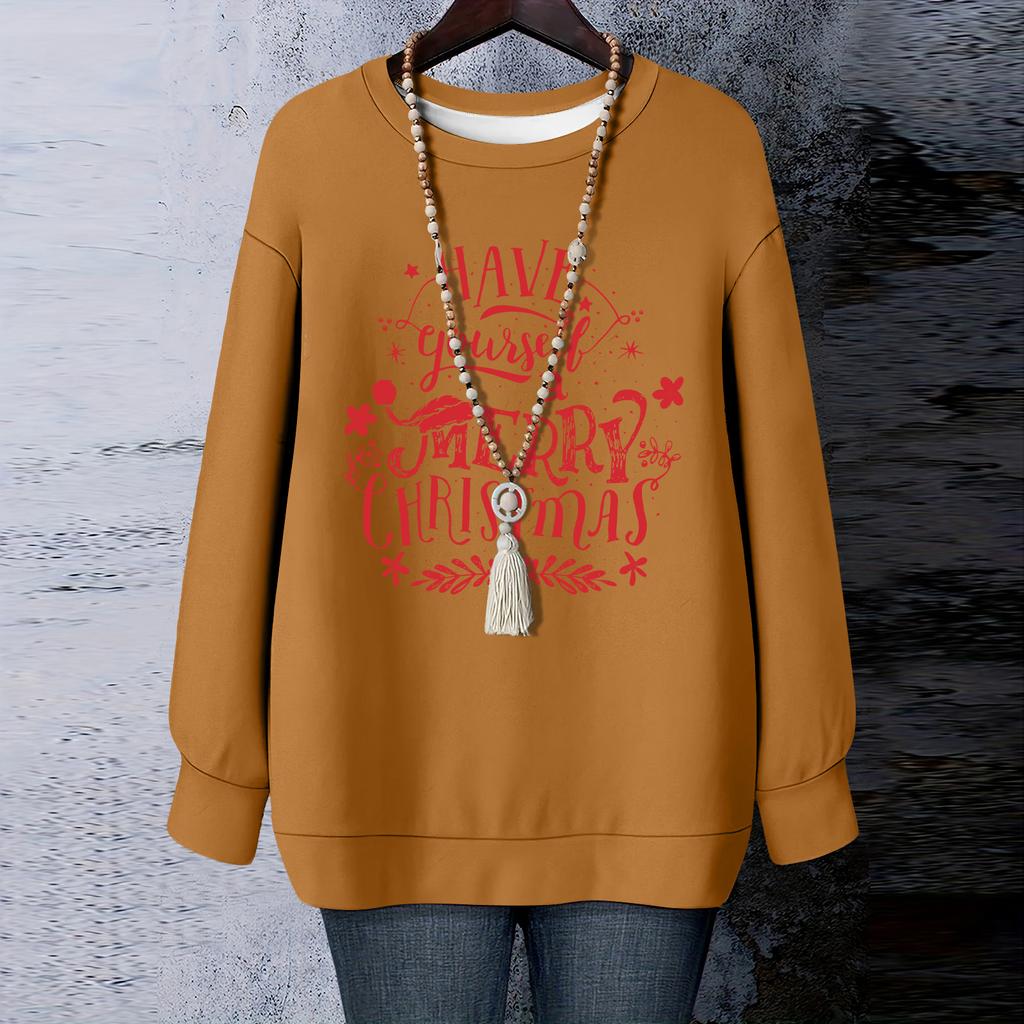 Ladies' Christmas Printed Round Neck Long Sleeved T-shirt Sweatshirt Top