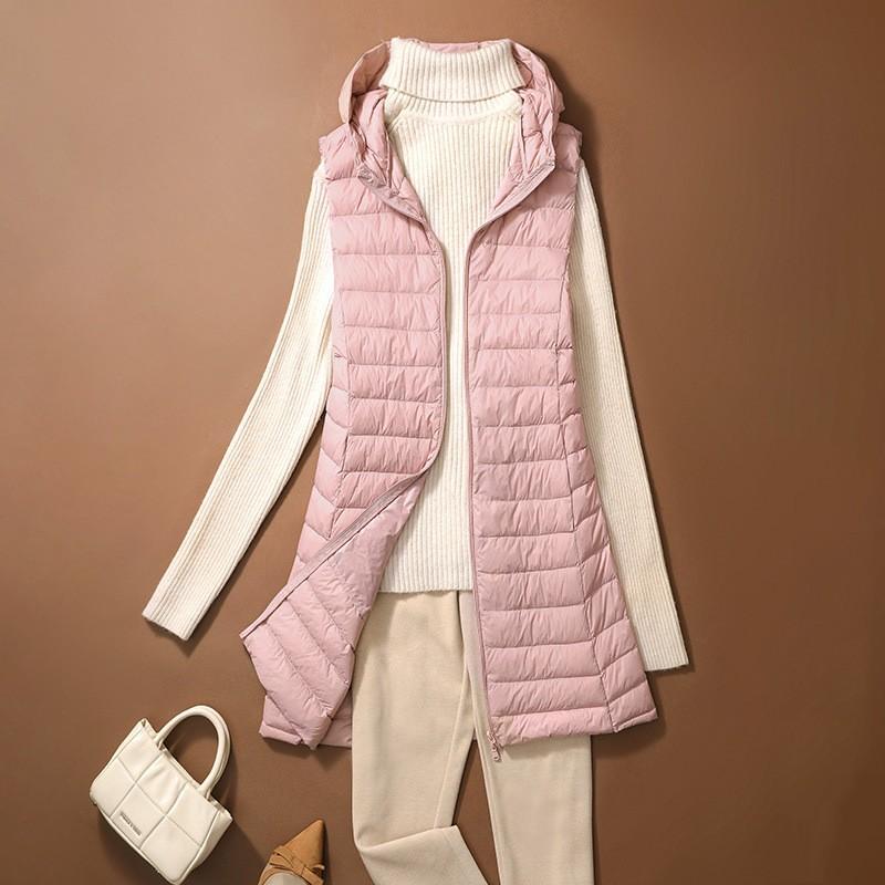 

Women s Autumn/Winter Lightweight Hooded Down Vest Mid-Length Slim Sleeveless Sports Jacket XS рожевий