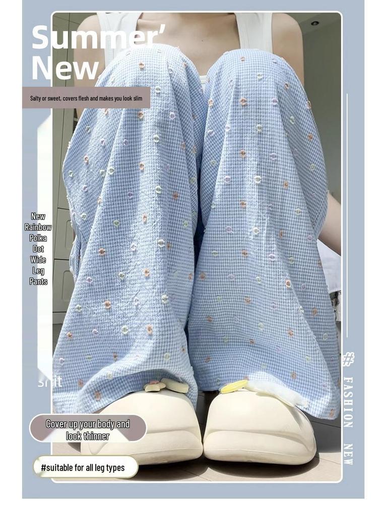 Women's Petite Blue Polka Dot Wide-Leg Summer Pants - High Waist, Thin Ice Silk Fabric