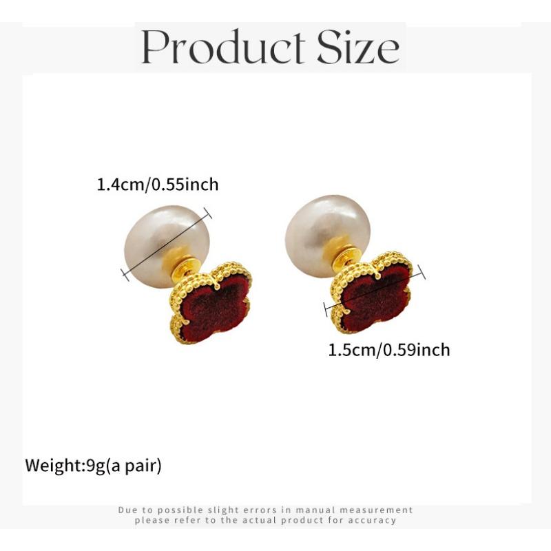 Red Flocked Four Leaf Clover Pearl Two Way Wear Luxury Earrings