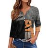 Women's Fashion Button-Up V-Neck Three-Quarter Sleeve Halloween Print Top