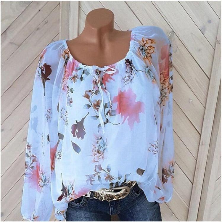 Women's Sexy All-Match Printed Chiffon Shirt Long Sleeve Loose Top Fashion
