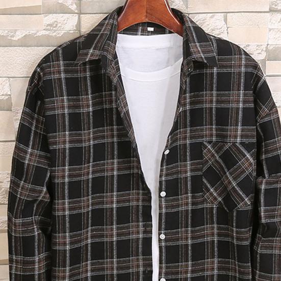 Men Autumn Shirt Plaid Print Contrast Colors Turn-down Collar Lapel Korean Style Single-breasted Loose Pocket Soft Patchwork Spring Shirt Daily Wear